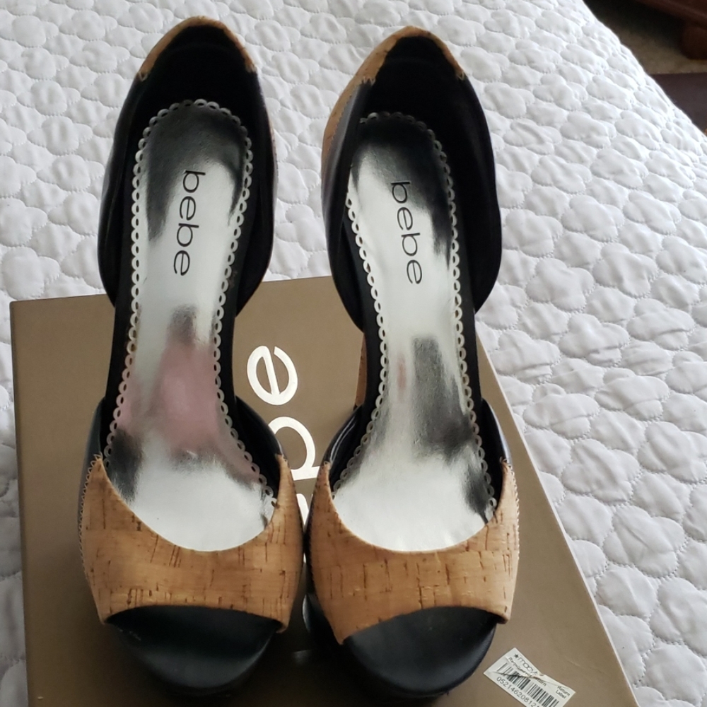 Bebe leather and corkscrew stiletto heels